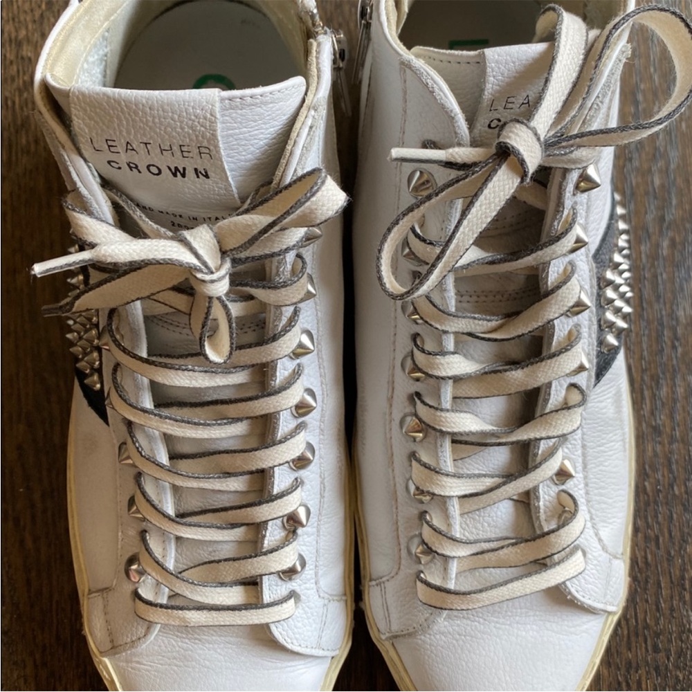 Leather Crown White and Black Studded Leather Sneakers - Picture 5 of 6